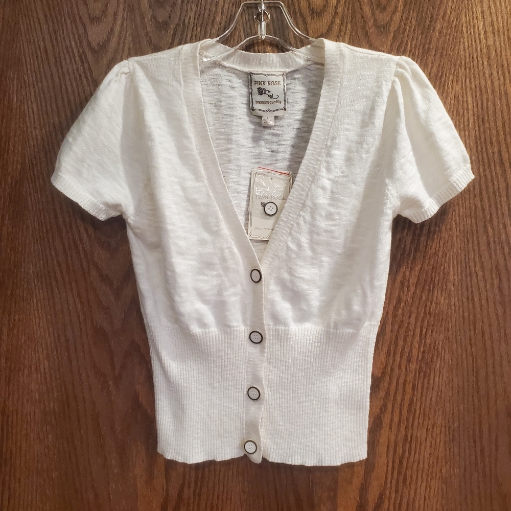 Pink Rose Short Sleeve Sweater with Buttons - White - Large NEW